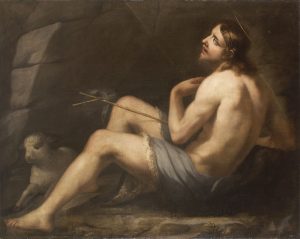 Qui sopra, San Giovanni Battista di Luca Giordano e, in alto, il grande paesaggio di grande paesaggio Mercurio e il boscaiolo disonesto di Salvator Rosa 