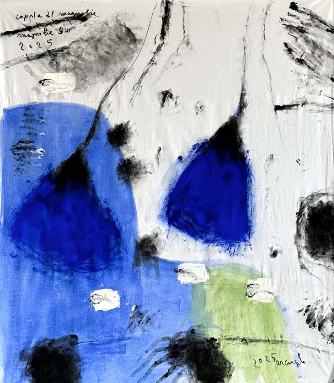 1 Arcangelo_Coppia di magnolie_magnolie blu_2025_tecnica mista su tela_123x125cm (002)